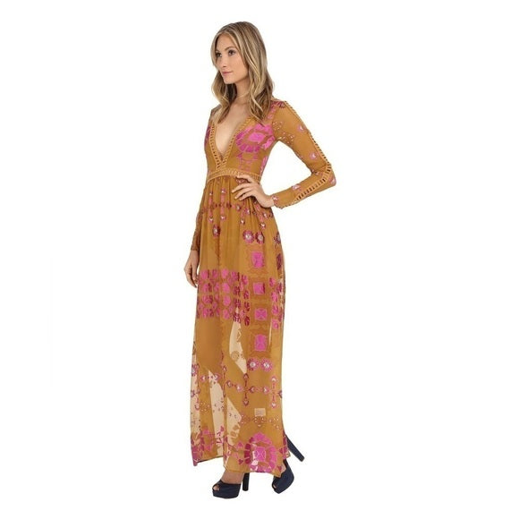 New For Love and Lemons Barcelona Maxi Dress Old Gold