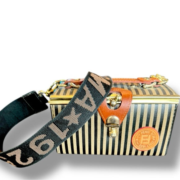 Authenticated vintage fendi zuca striped vanity case large